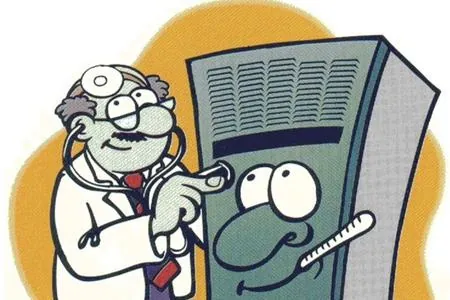 Cartoon doctor giving a furnace a checkup
